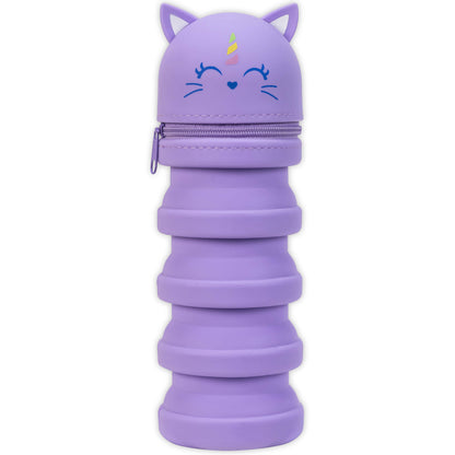 Purple unicorn retractable pencil case with stacked storage compartments