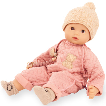 Gotz Maxy Muffin Little Bear 16.5 inch baby doll in pink quilted outfit with cream knit hat