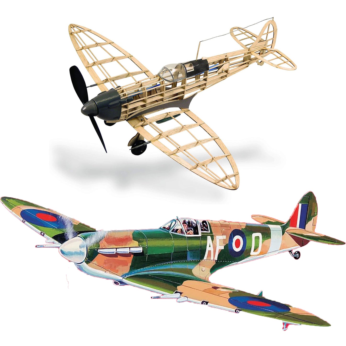 Spitfire wooden model airplane kit with detailed fuselage and wings