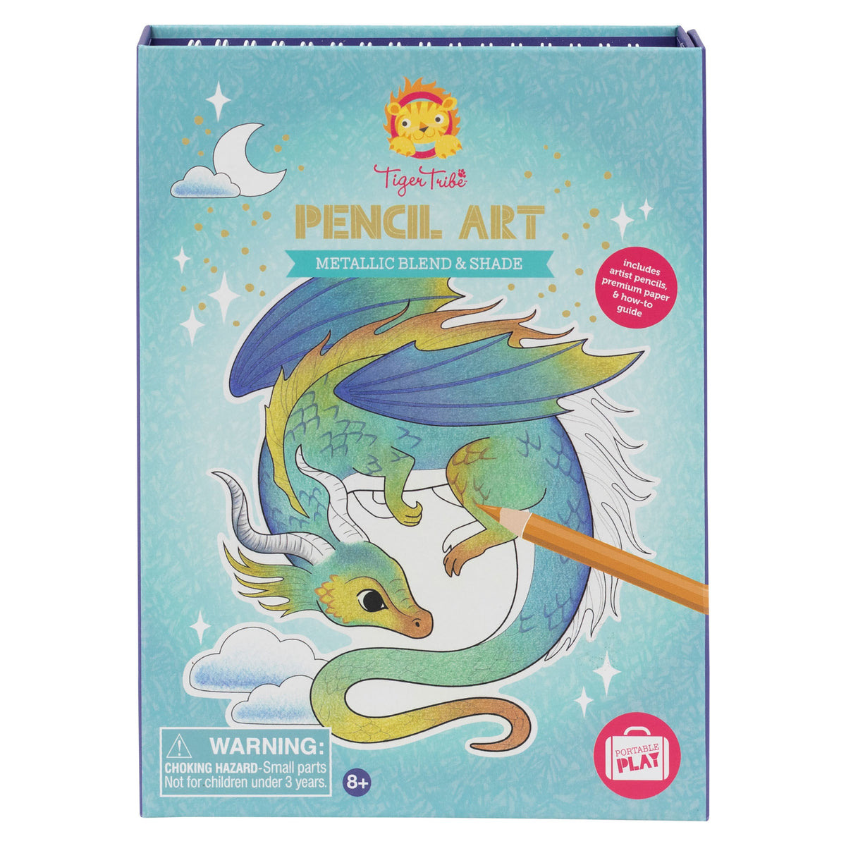 Tiger Tribe Pencil Art Metallic Blend & Shade set with dragon illustration and colored pencil on turquoise packaging