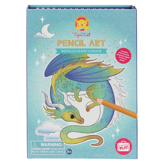 Tiger Tribe Pencil Art Metallic Blend & Shade set with dragon illustration and colored pencil on turquoise packaging
