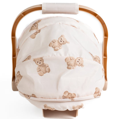Roma Teddy Car Seat with beige teddy bear pattern and wood handles