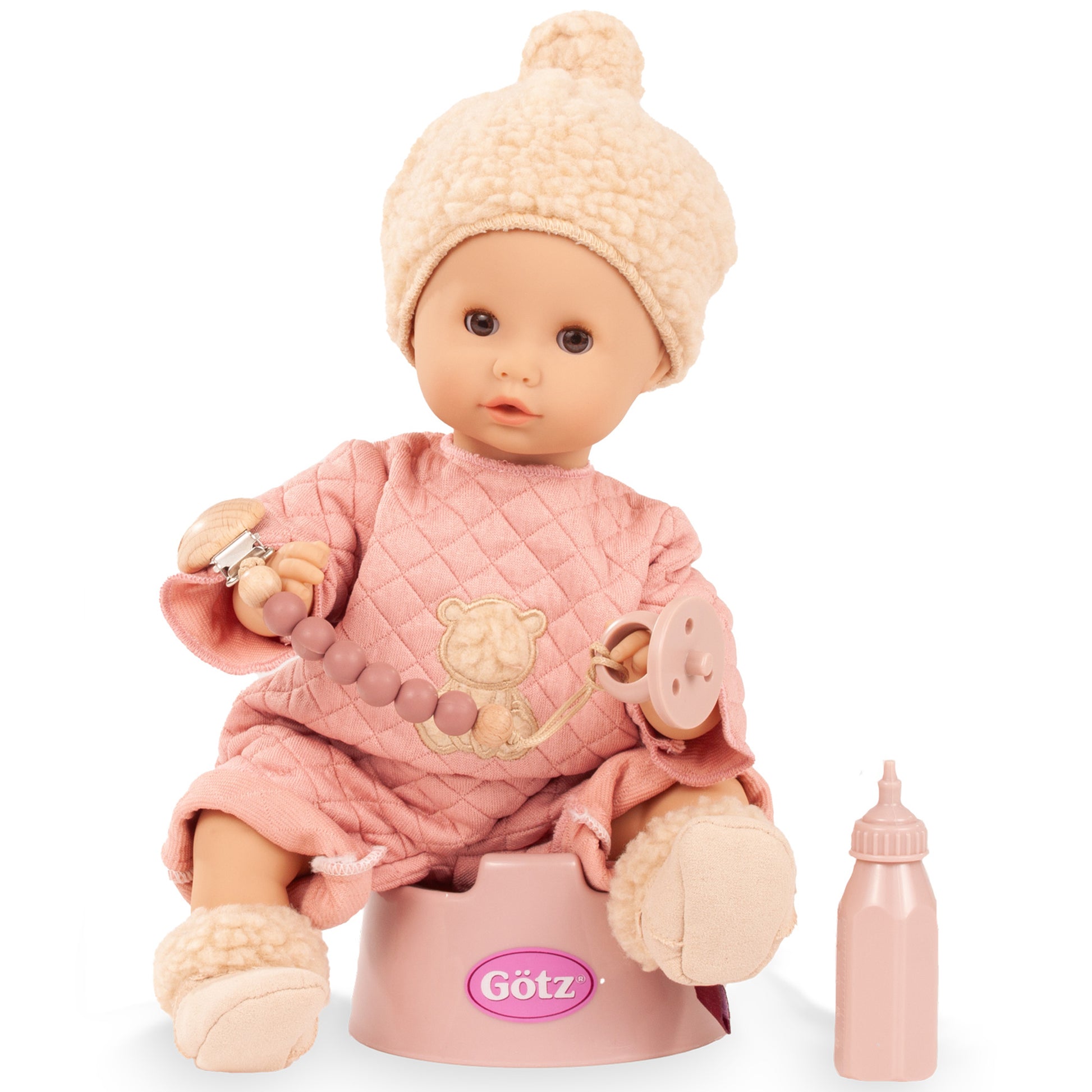 Gotz Sleepy Aquini 13" baby doll in pink outfit with bottle and potty set