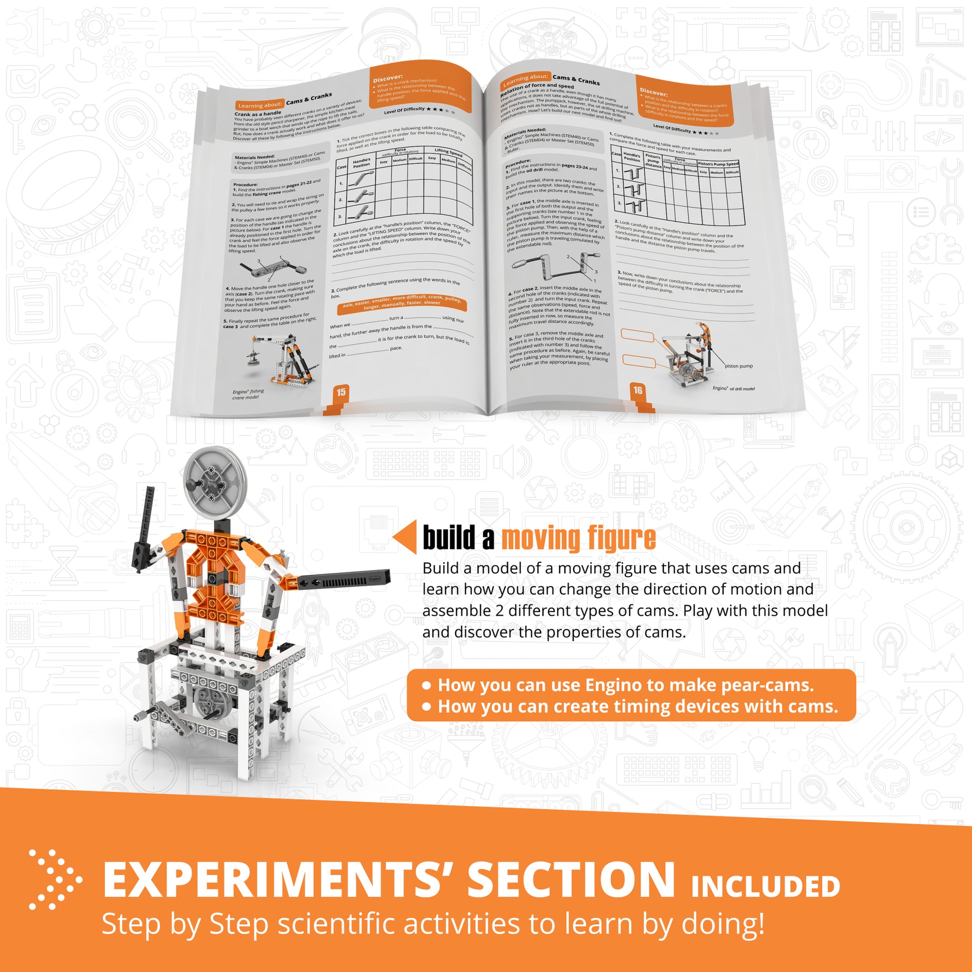 Engino Discovering STEM Mechanics Cams & Cranks building set with orange and white robot model and instruction manual