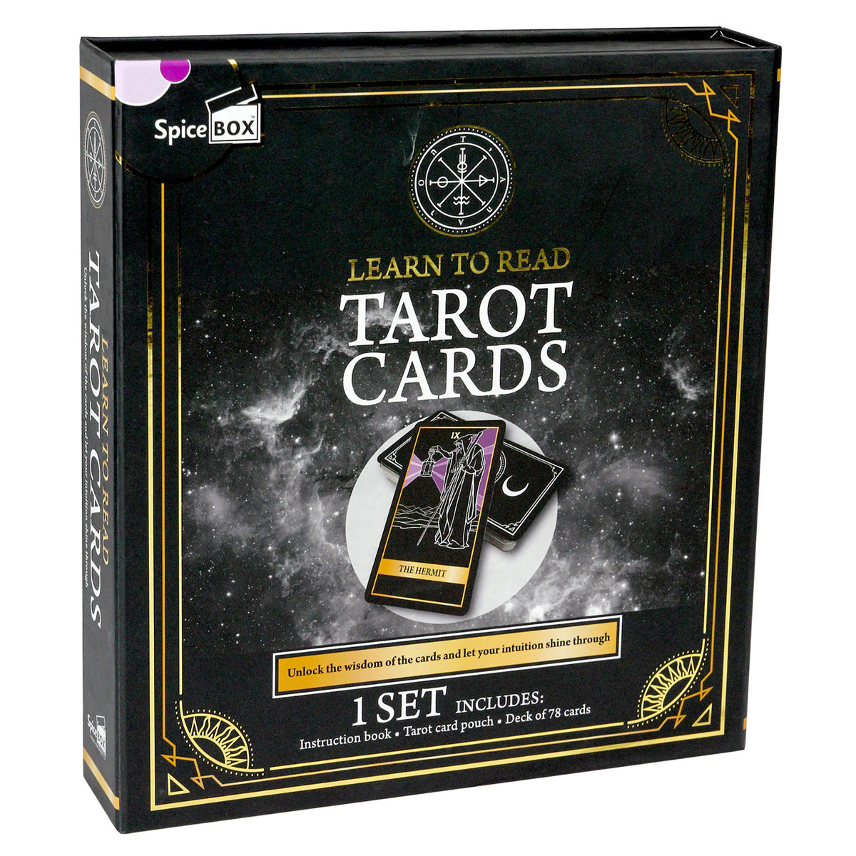 SpiceBox Learn to Read Tarot Cards gift set box with black and gold design, featuring tarot card imagery and compass ...