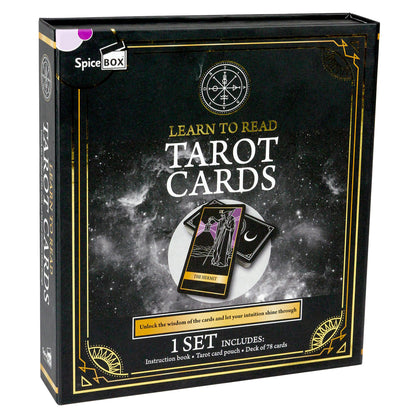 SpiceBox Learn to Read Tarot Cards gift set box with black and gold design, featuring tarot card imagery and compass ...