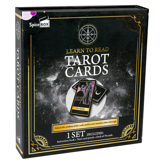 SpiceBox Learn to Read Tarot Cards gift set box with black and gold design, featuring tarot card imagery and compass ...
