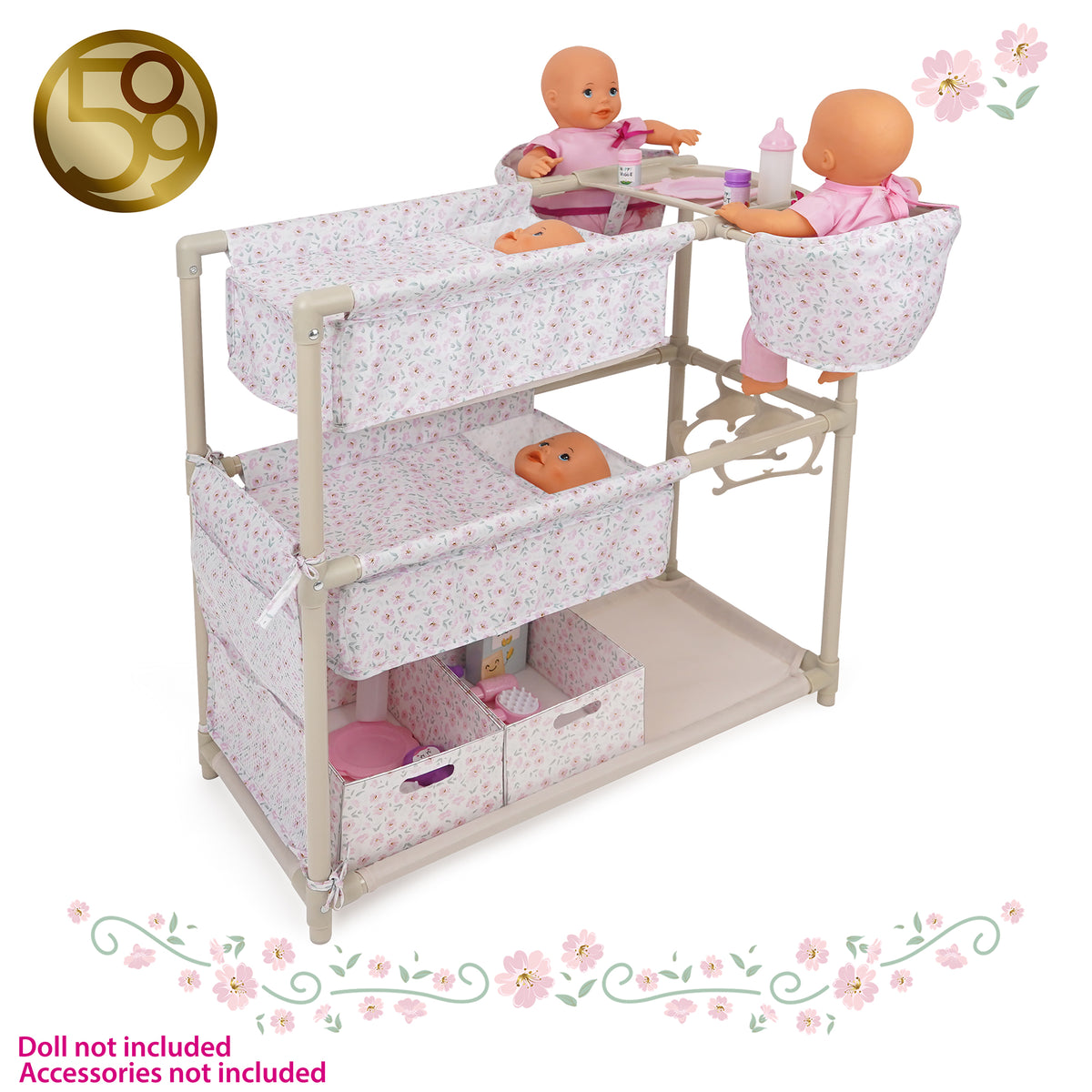 509 Crew Little Flora Twin Doll Play Center with pink floral fabric, storage, and accessories station