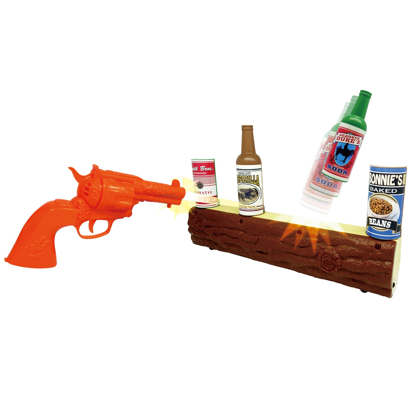 Wild West Gunslinger infrared shooting game with orange toy gun and wooden log target