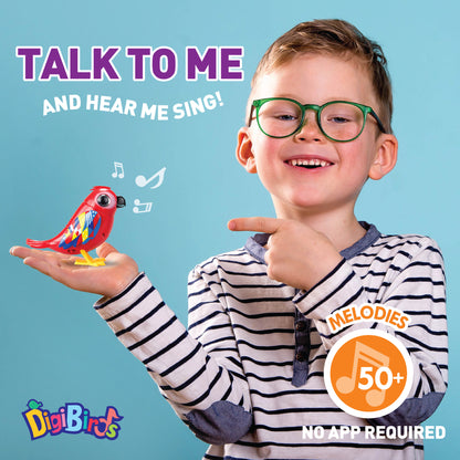 DigiBirds Interactive Singing Bird 2pk - red parrot with yellow feet held by smiling child in striped shirt