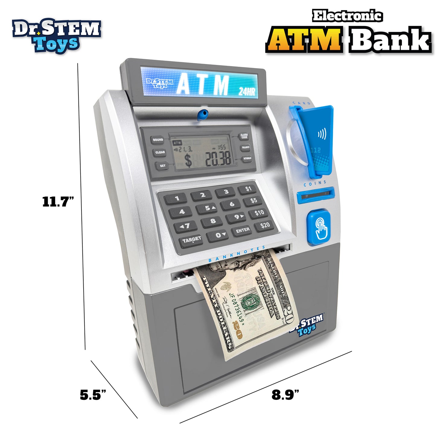 Dr. STEM Deluxe ATM Savings Bank - Real Money Management with Digital LCD, Coin Counting, Bill Feeder, PIN Security, STEM Learning for Ages 5+