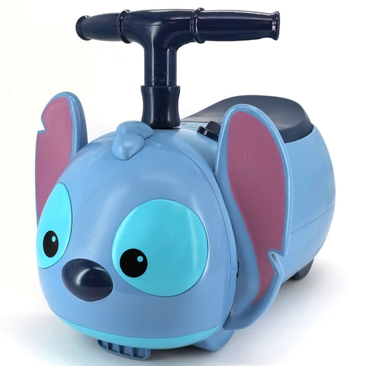 Blue Stitch character ride-on toy with large turquoise eyes, pink inner ears, black handlebar, and dark seat