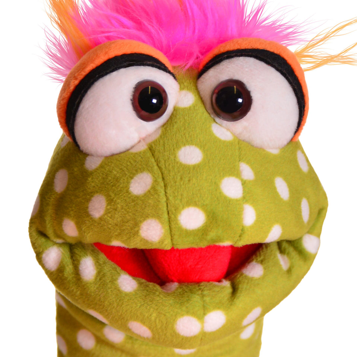 Living Puppets Shesha Sock hand puppet with lime green body, white spots, orange head, pink mohawk hair, and red mouth