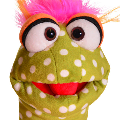 Living Puppets Shesha Sock hand puppet with lime green body, white spots, orange head, pink mohawk hair, and red mouth