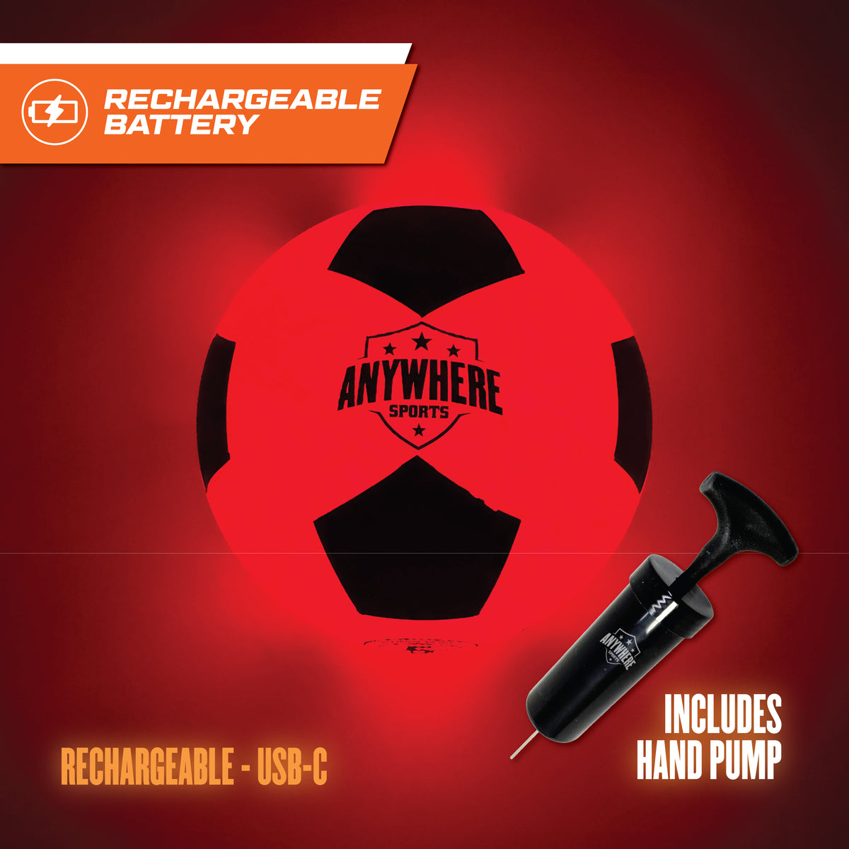 Anywhere Sports LED Soccer Ball in red and black with hand pump, USB rechargeable