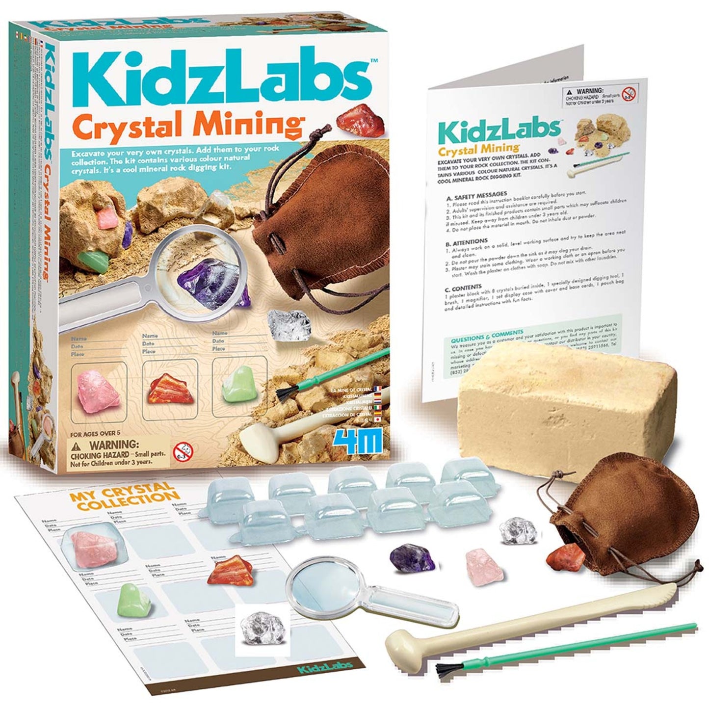 4M KidzLabs Crystal Mining Kit with plaster block, excavation tools, and colorful gemstones
