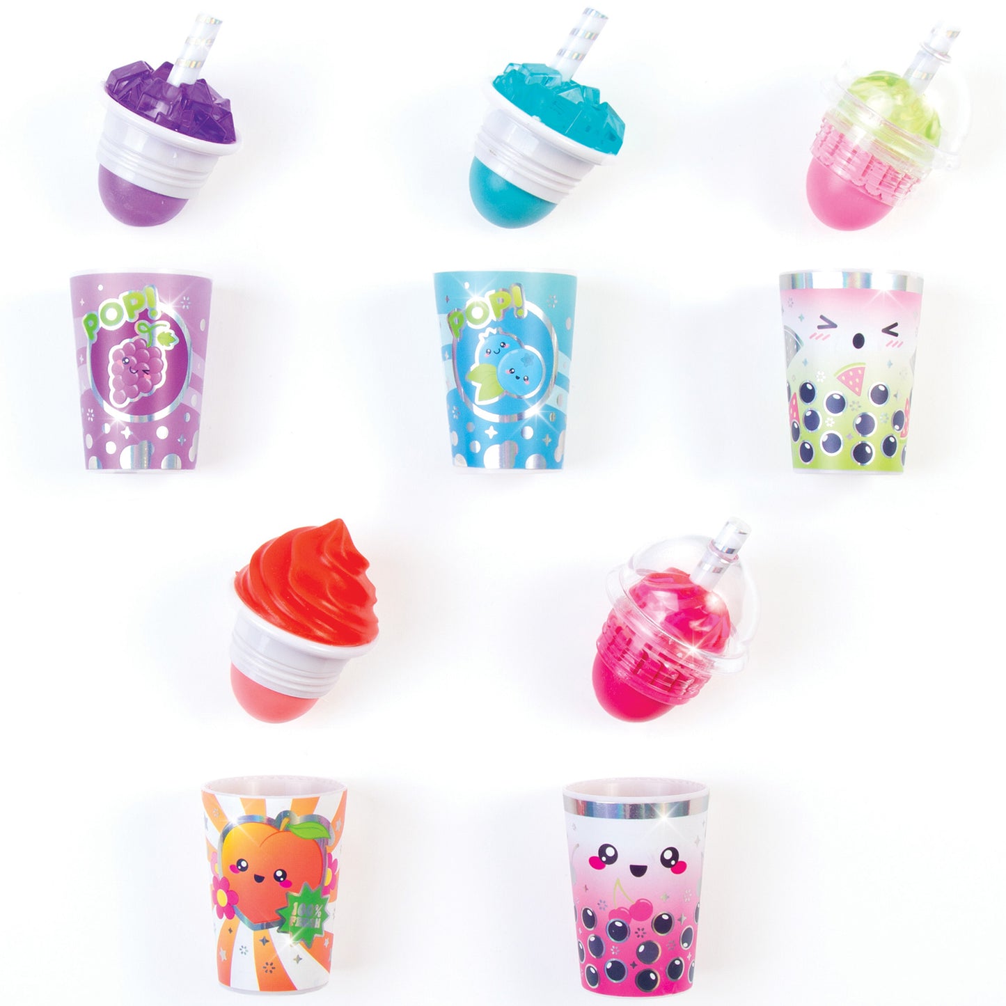 Glimmer & Glow Fruity Beauty cosmetics set with colorful drink-shaped lip glosses and nail polish in purple, blue, pi...