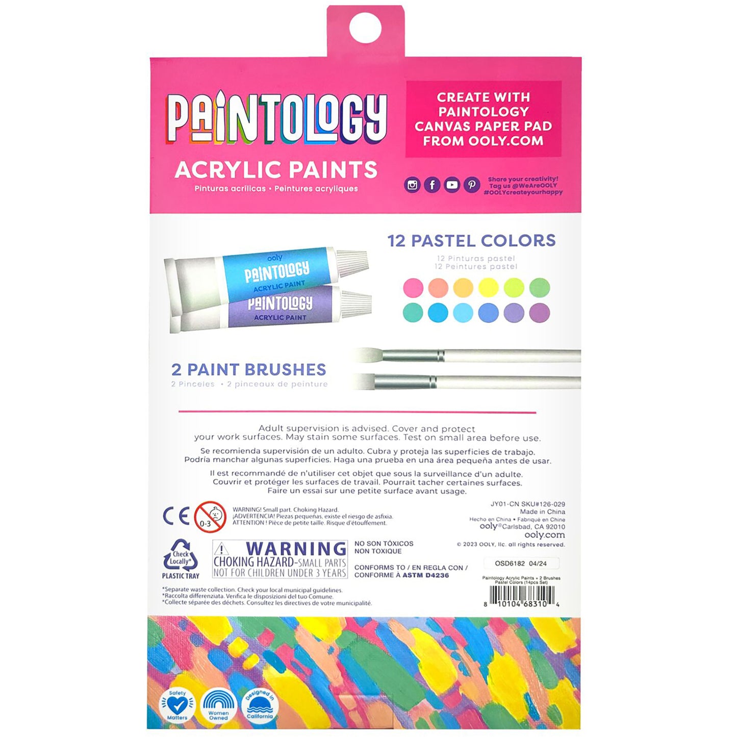 OOLY Paintology Collection Pastel Acrylic Paint Set - 12 Colors, 2 Brushes