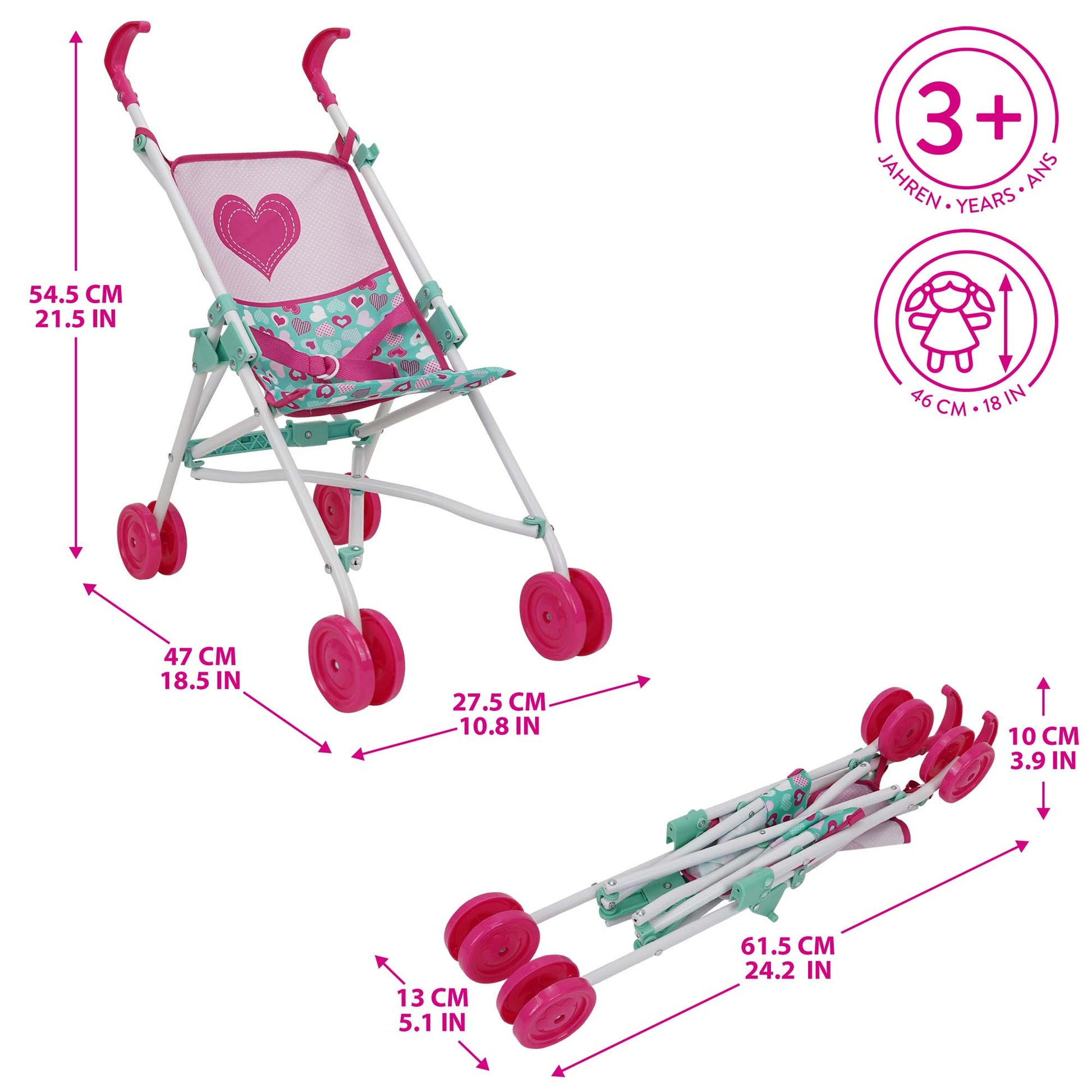 509 Crew Mint Heart Bouncer Doll Play Set with pink stroller and doll accessories