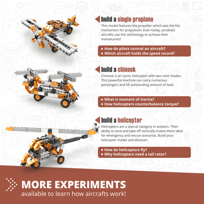 Engino aircraft building set with orange and gray plane, helicopter, and chinook models