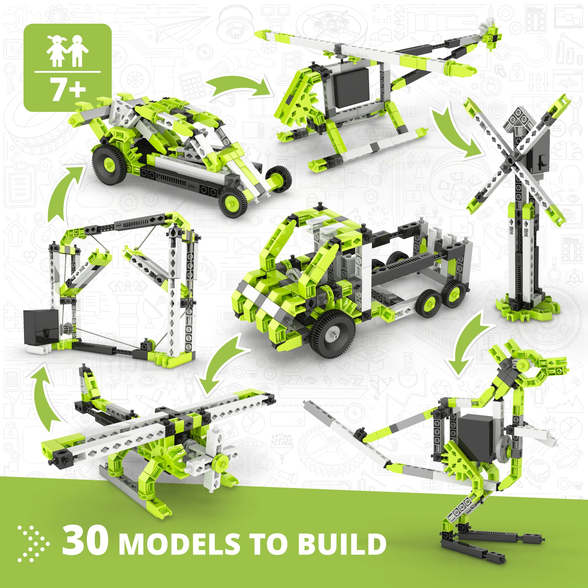 Engino Creative Builder 30-in-1 motorized construction set with green and gray building blocks showing multiple vehic...