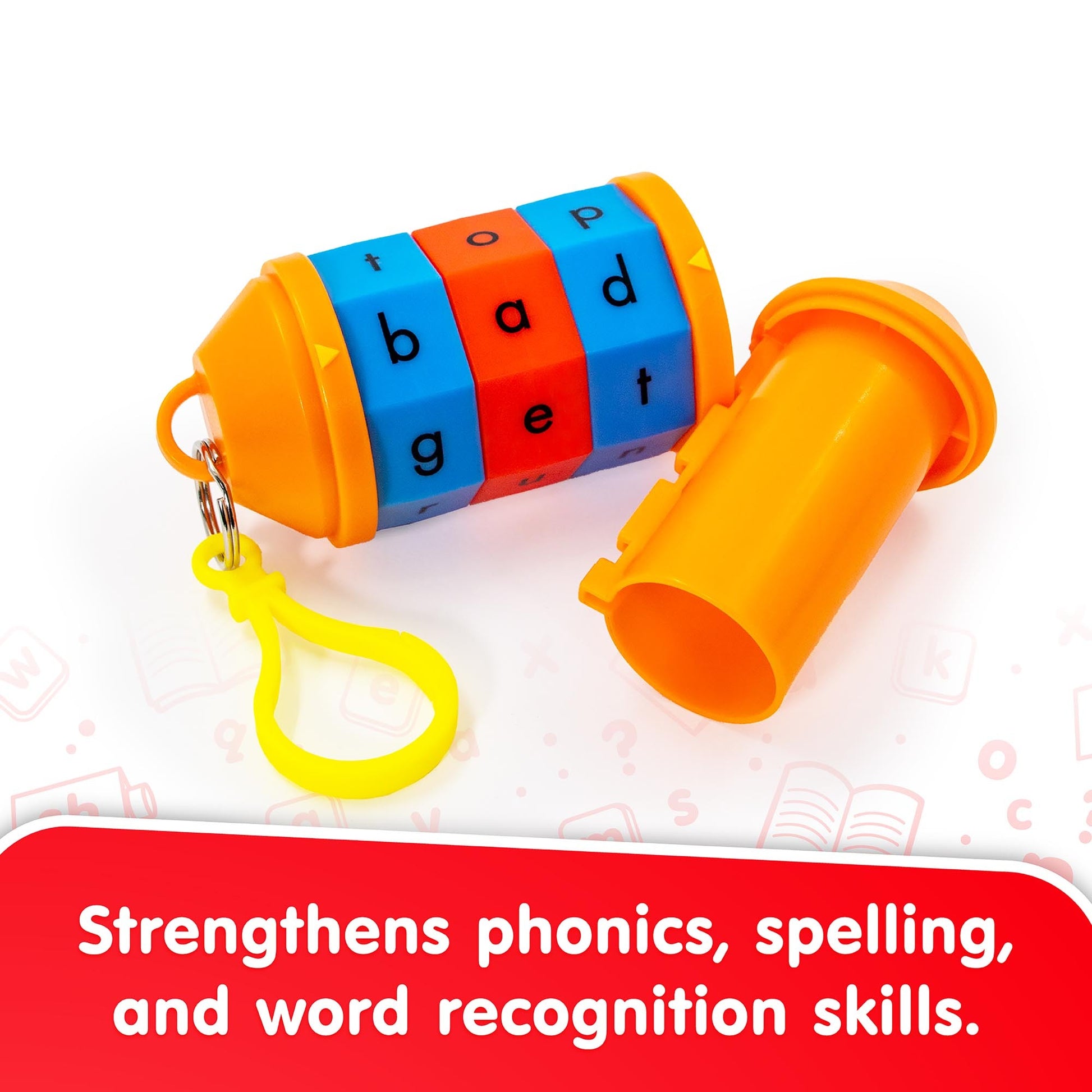Junior Learning Spidget Word Tumbler phonics toy with colorful rotating bands showing letters in blue, red, and orange
