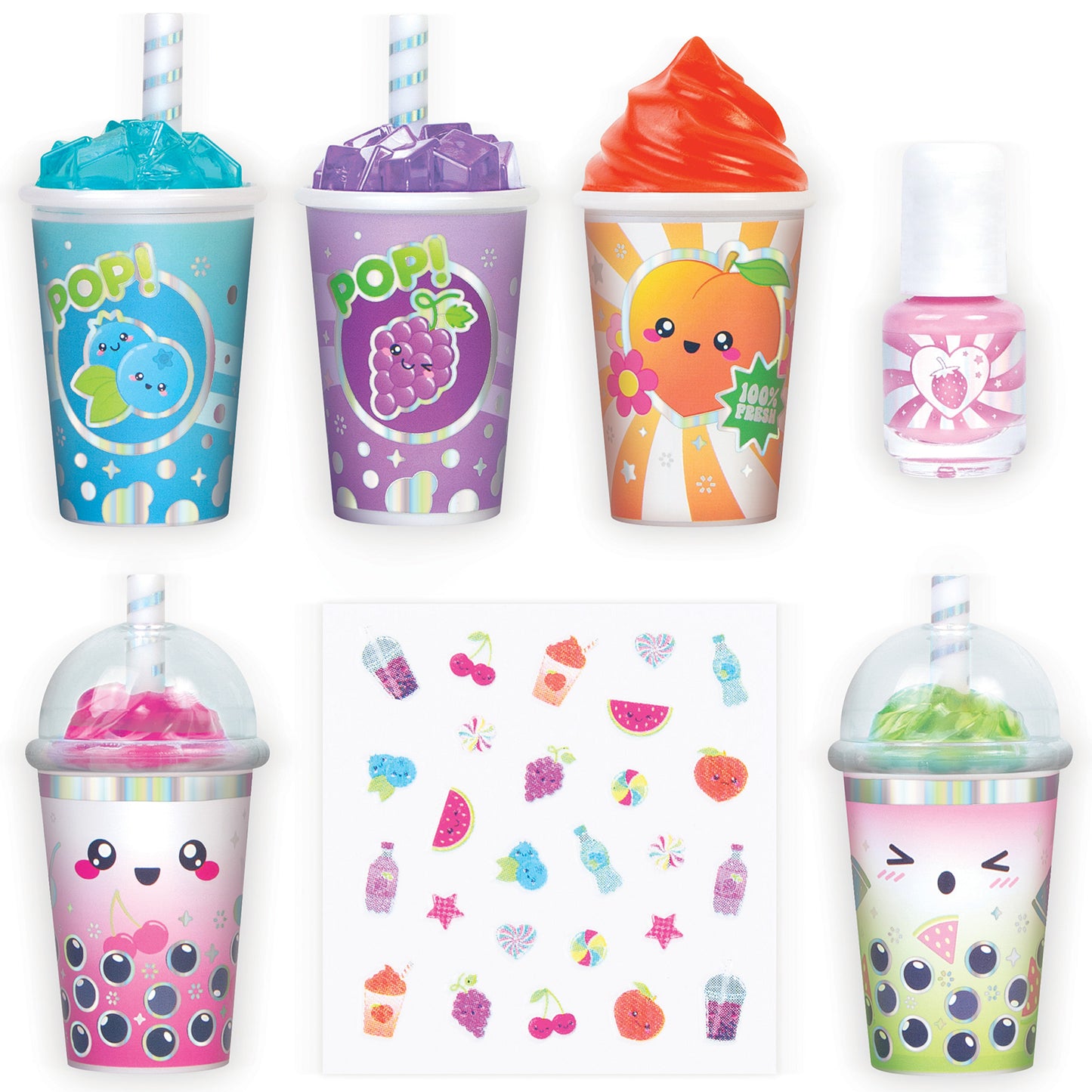 Glimmer & Glow Fruity Beauty set with 5 colorful drink-shaped lip glosses, nail polish, and sticker sheet