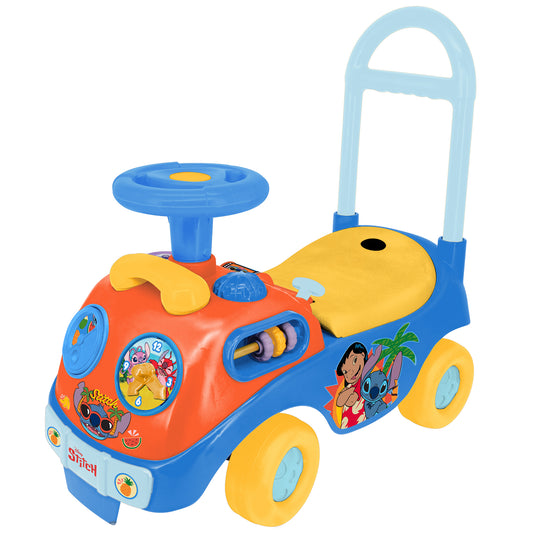 Disney Stitch foot-to-floor ride-on toy with blue steering wheel, yellow wheels, red and blue body, push handle, and character graphics