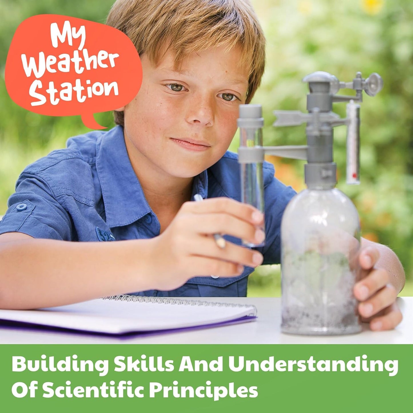Green Science Weather Station toy with child using rain gauge and thermometer