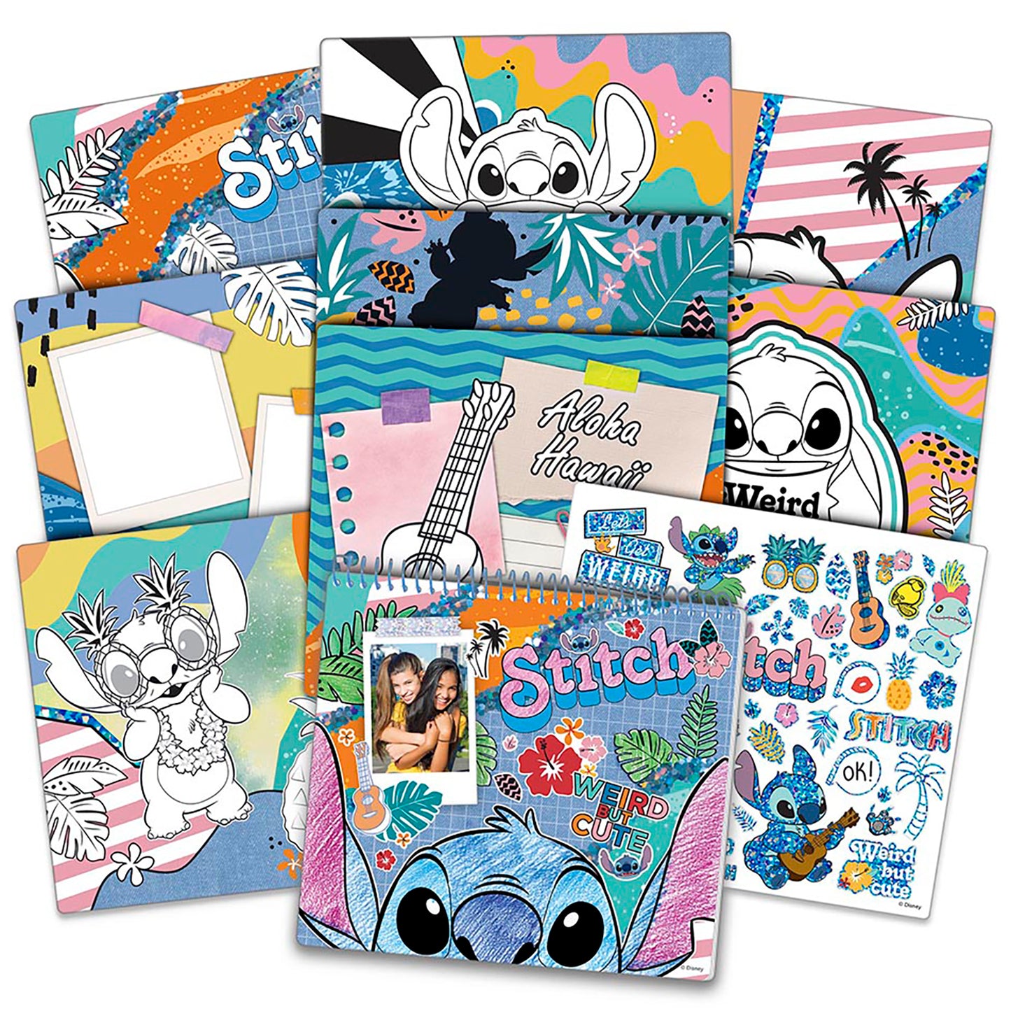 Disney Stitch color and collage craft kit showing multiple colorful poster pages with Stitch character designs, blank areas for coloring, Hawaiian themes, and a