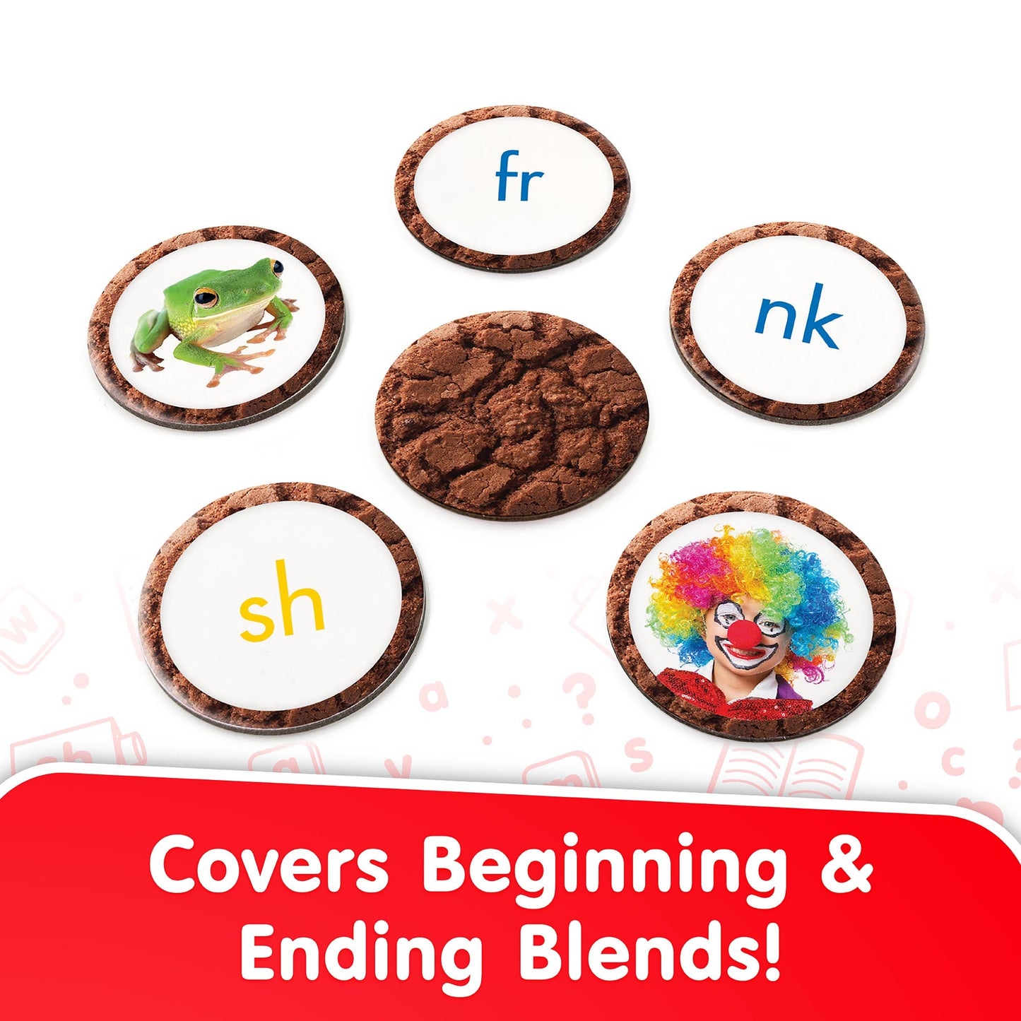 Snacks Blend educational toy with chocolate cookies showing beginning and ending blends: frog, fr, nk, sh, and clown