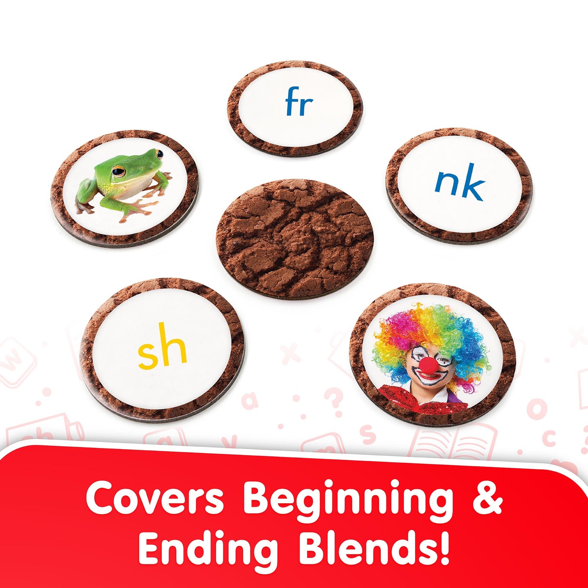 Snacks Blend educational toy with chocolate cookies showing beginning and ending blends: frog, fr, nk, sh, and clown