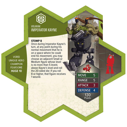 Heroscape Imperator Kayne Vorid figure with green card showing Move 5, Range 5, Attack 3, Defense 4 stats