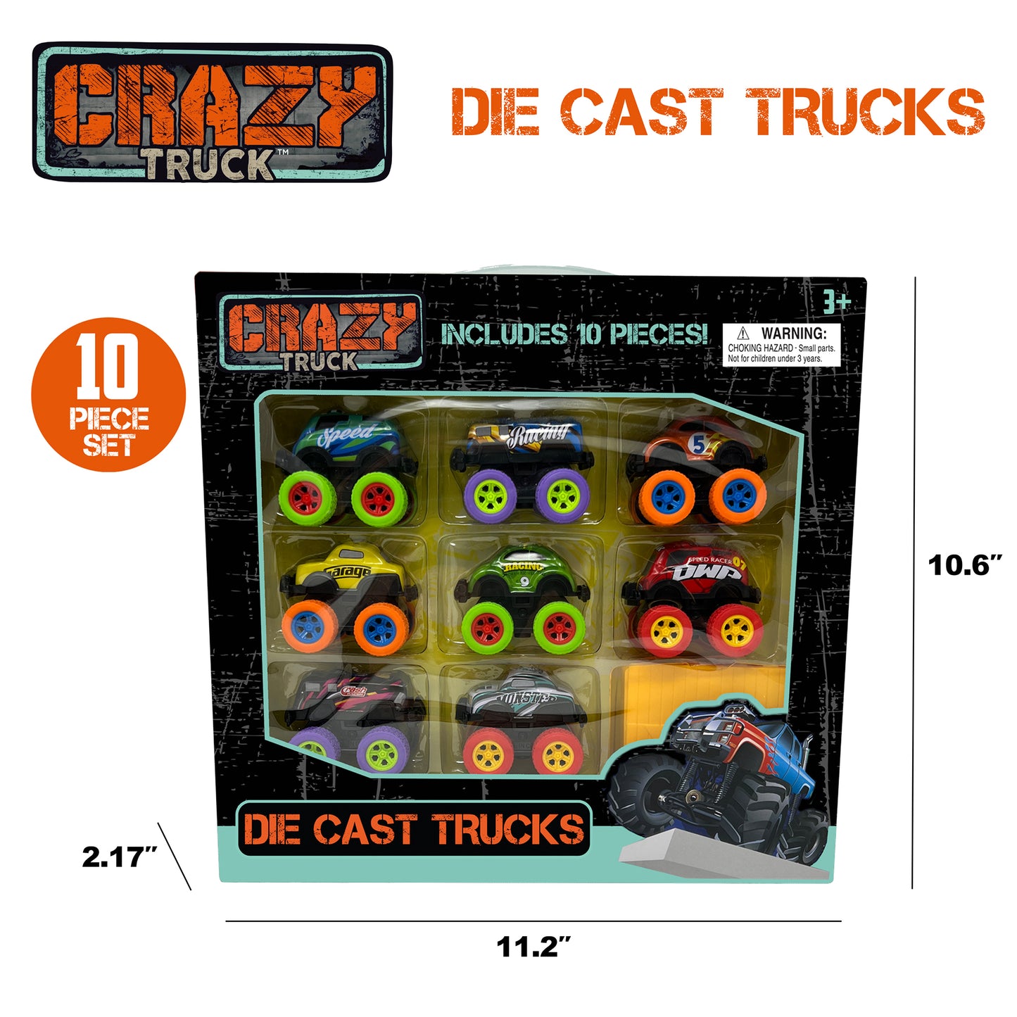 Crazy Truck Die Cast Trucks Set - 10pc Friction Cars & Stunt Ramps for Kids 3+