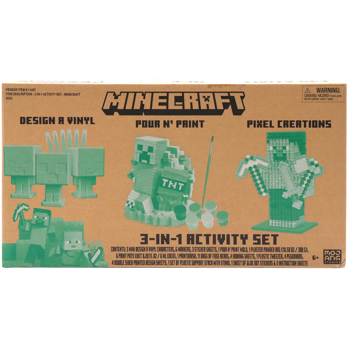 Minecraft 3-In-1 Activity Set featuring design a vinyl, pour n' paint, and pixel creations in green and white