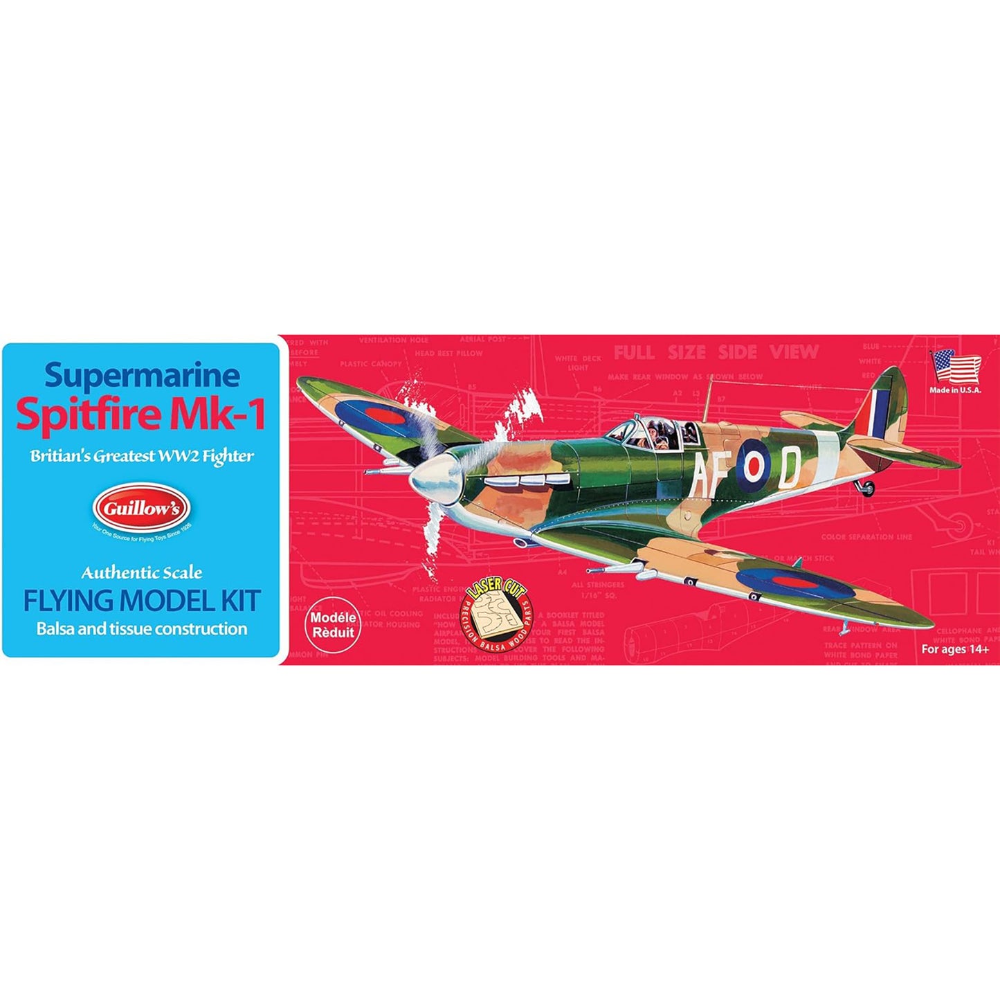 Supermarine Spitfire Mk-1 flying model kit by Guillow's with balsa construction
