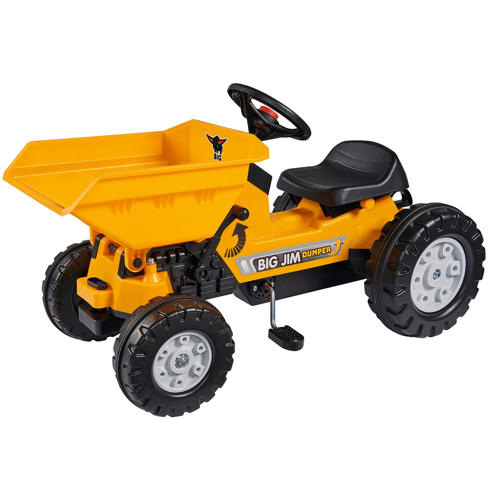 BIG Jim Dumper yellow ride-on tractor with black steering wheel and dumper bucket