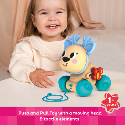 Kids Hits Push & Pull Deer toy with moving head, turquoise wheels, and tactile elements for toddlers 1+