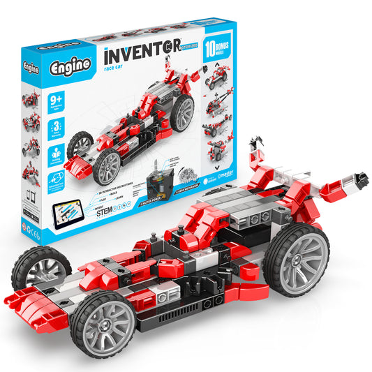 Engino Inventor Motorized Race Car 10-in-1 red building set with wheels and motor
