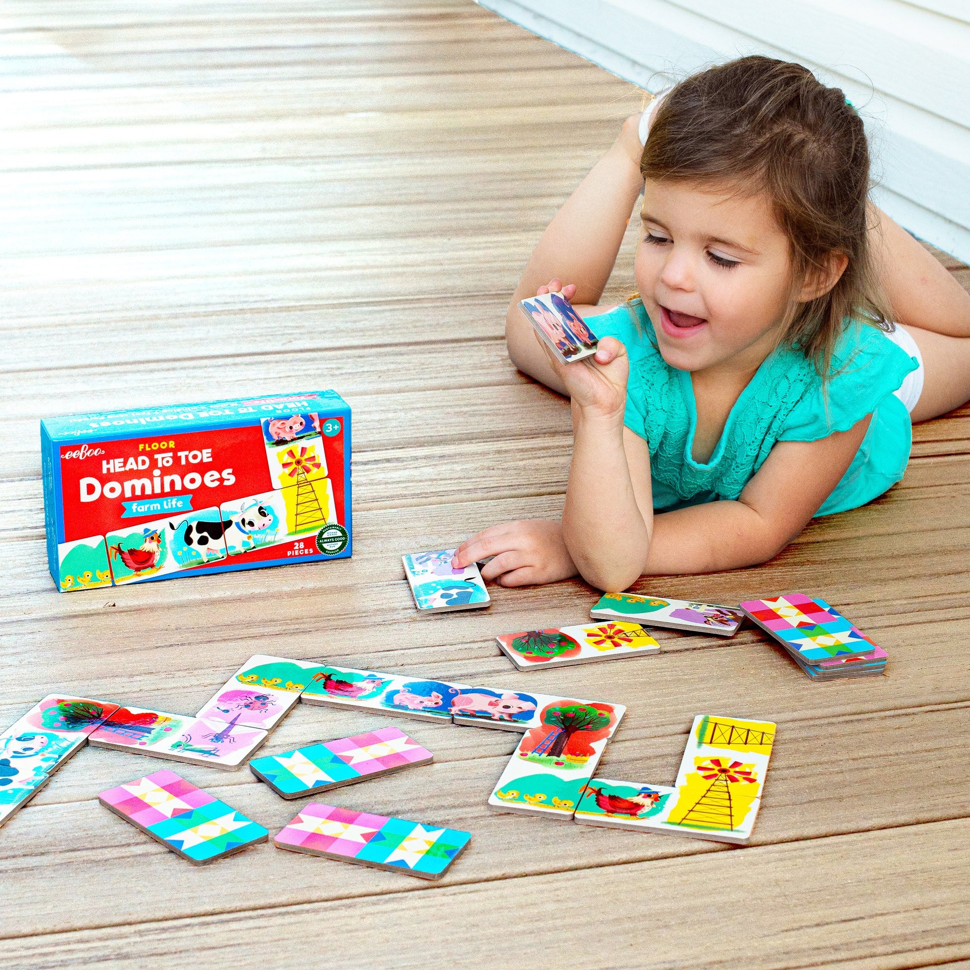 Floor Head to Toe Dominoes Little Farm set with colorful tiles featuring farm animals