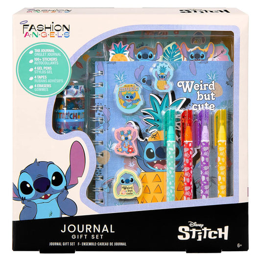 Fashion Angels Disney Stitch Journal Gift Set box showing spiral-bound tab journal, 100+ stickers, 4 gel pens, 4 tapes, and 4 erasers with Stitch character desi
