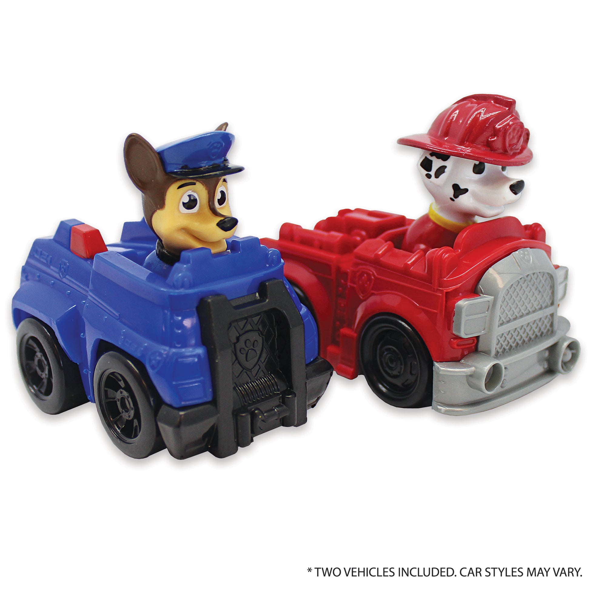 Paw Patrol toy cars with character figures - blue police vehicle and red fire truck