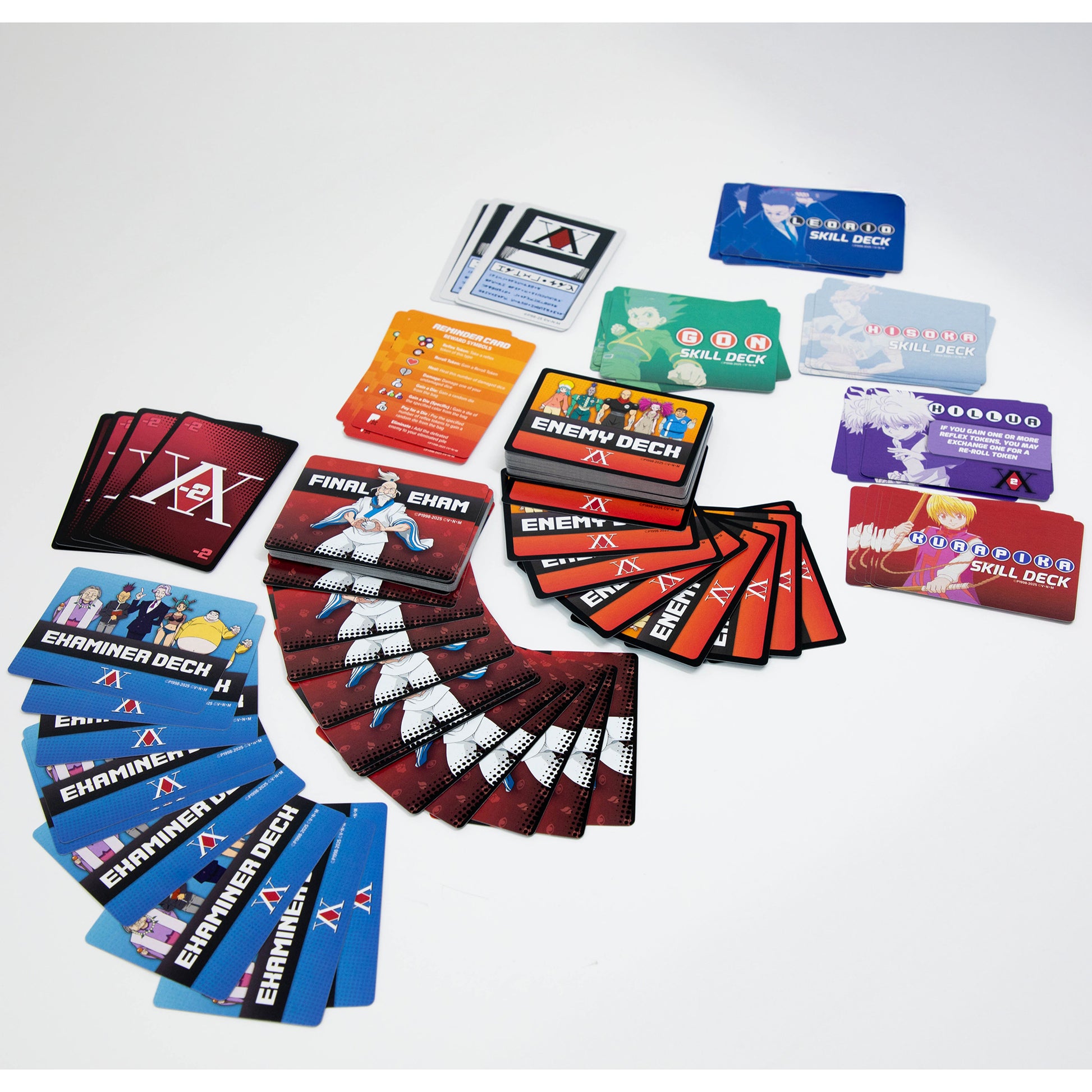 Hunter x Hunter card game set with colorful deck cards, enemy decks, skill decks, and instruction cards displayed on ...