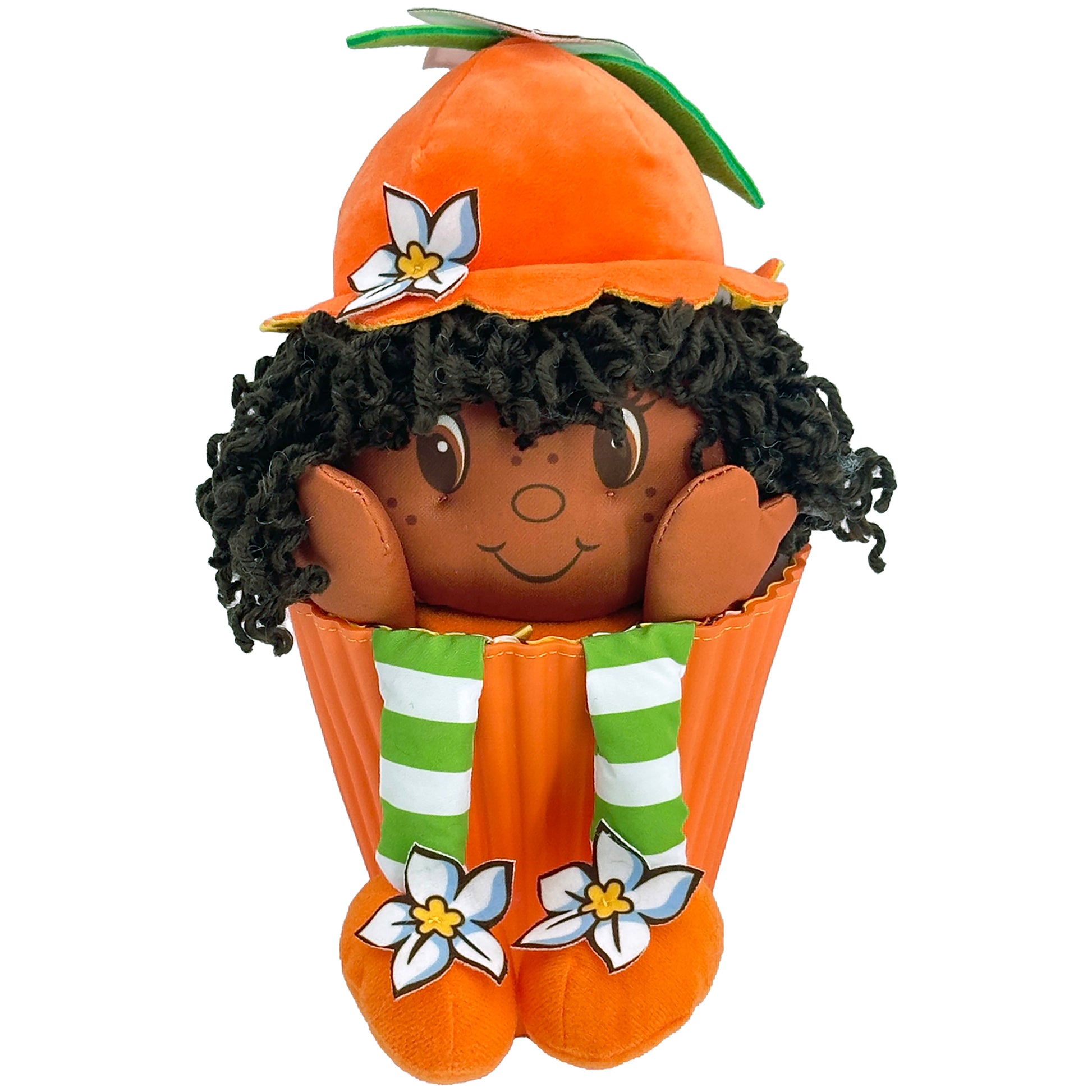 Orange Blossom 15" Pop 'n' Flip plush doll with orange hat, black curly hair, and striped socks