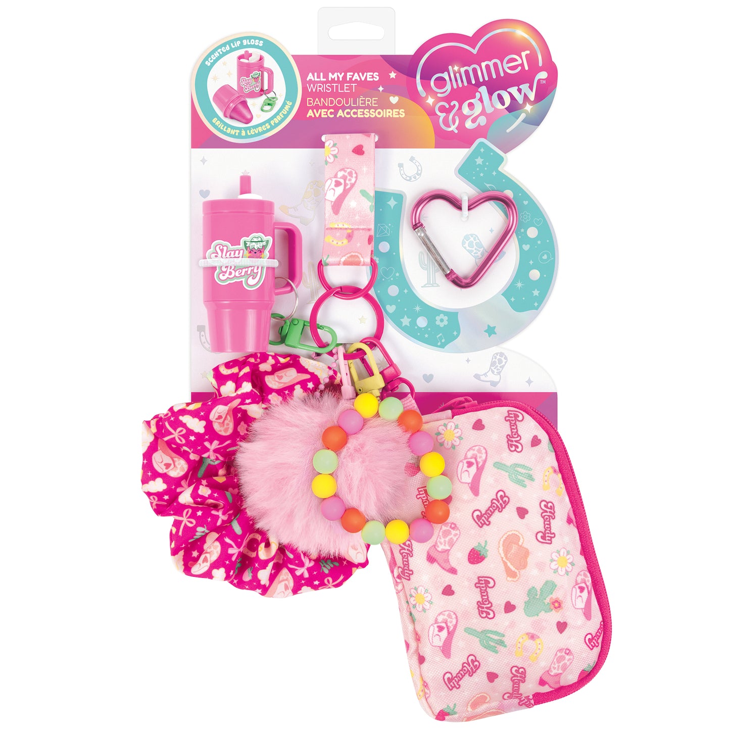 Glimmer & Glow All My Faves pink wristlet accessory set with scrunchie, bracelet, and pouch