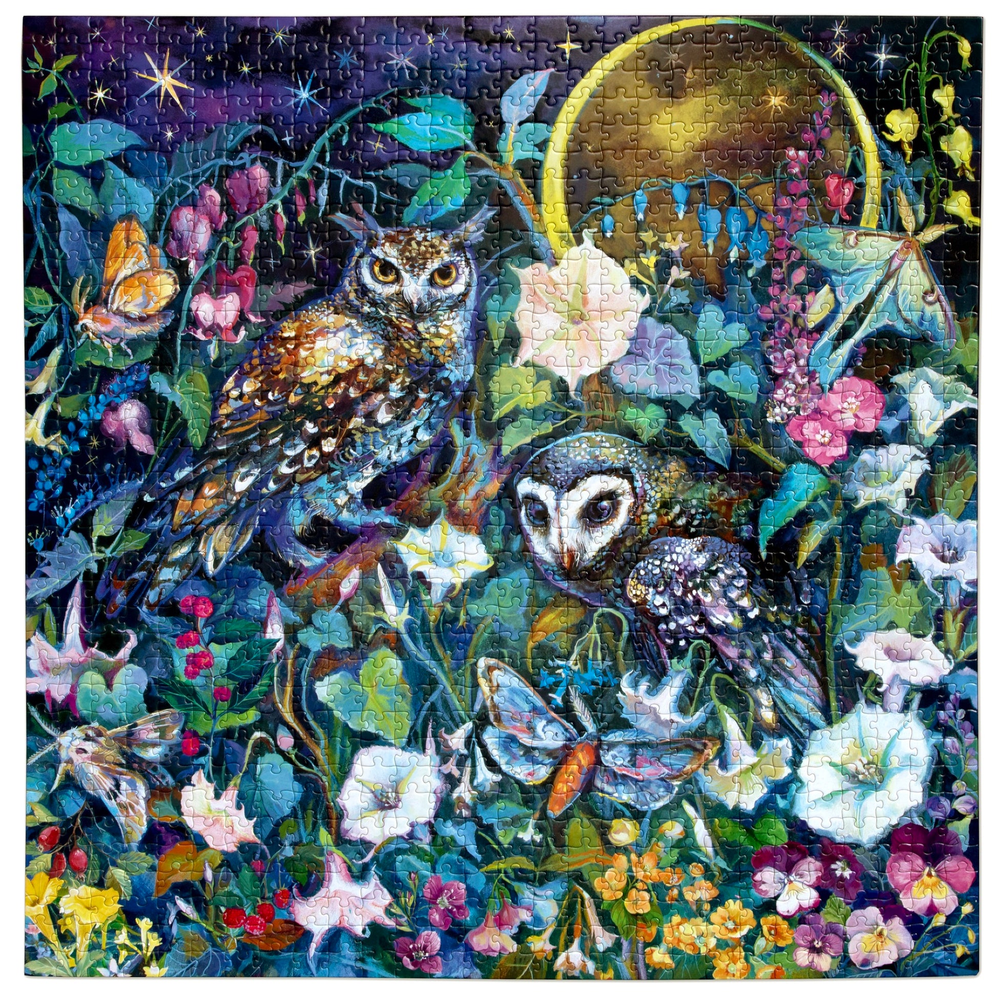 eeBoo Moon Garden 1000-piece puzzle featuring two owls in a colorful nighttime flower garden with moon