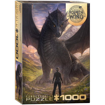 Eurographics Fourth Wing 1000 piece puzzle featuring black dragon Tairn and character Violet in mountain landscape
