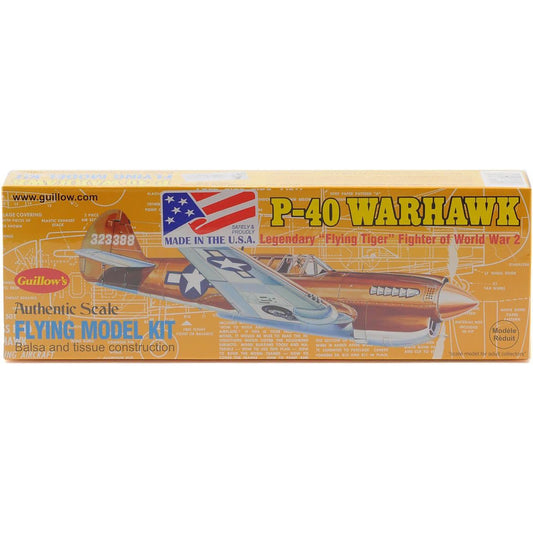 Guillow's P-40 Warhawk balsa wood flying model kit with authentic scale design and red fuselage