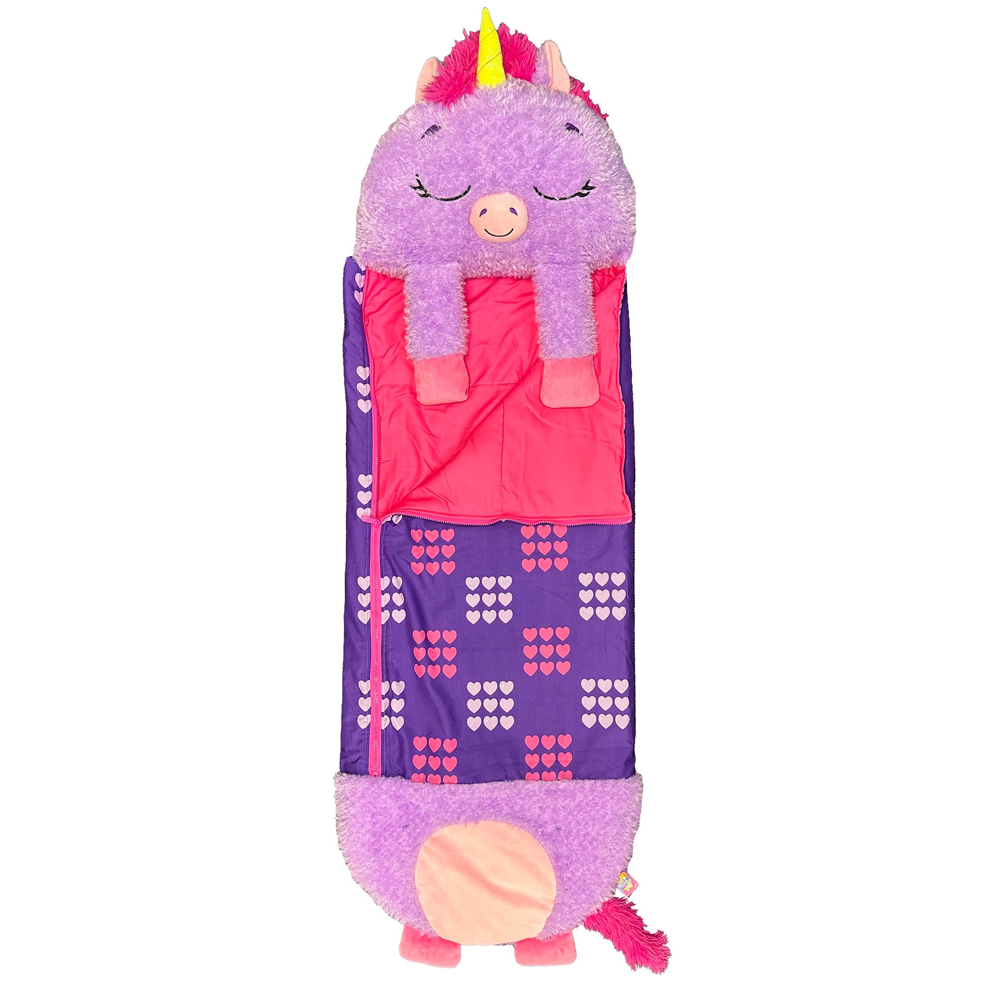 Happy Nappers Purple Unicorn Large Pillow Sleepy Sack with pink horn and heart pattern