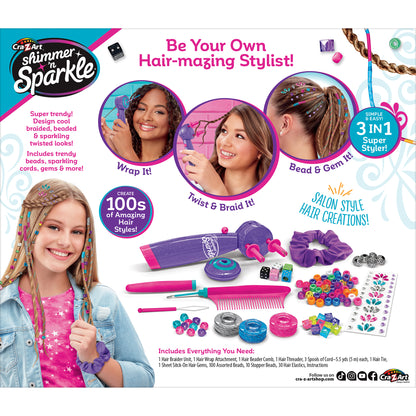 Cra-Z-Art Shimmer n Sparkle hair braiding kit with beads, wraps, and styling tools in purple and pink